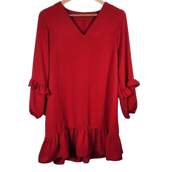 Zara Flowy Red Ruffled Vneck Dress Size XS - Picture 1 of 5